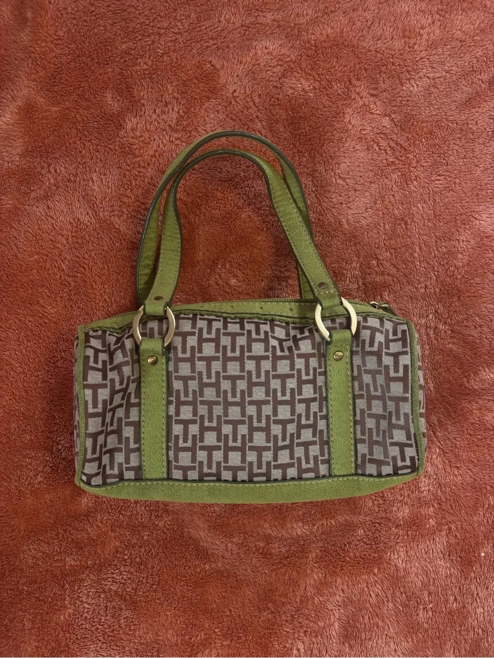 Vintage Y2K Tommy hilfiger olive green and brown monogram barrel handbag